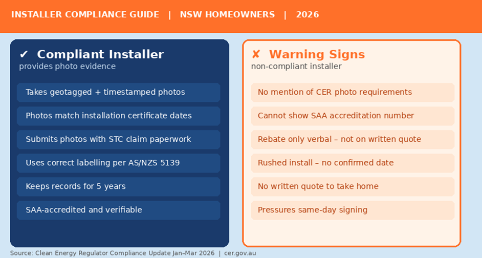 Compliant vs non-compliant solar battery installer checklist NSW 2026