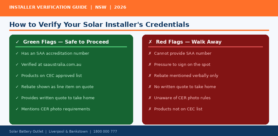 solar panel installer credentials NSW green and red flags
