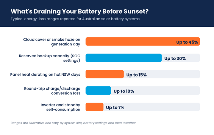typical energy-loss ranges affecting NSW solar battery systems before sunset