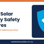 Home solar battery safety features guide graphic with a blue shield and check mark